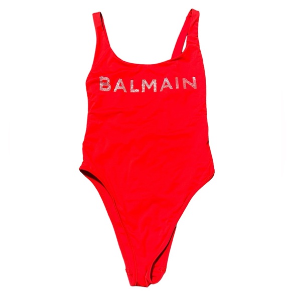 BALMAIN***Red Strass Crystal Logo One-Piece Swimsuit***F36; Small $620 - Picture 3 of 6